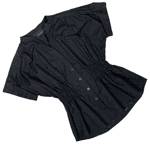 Attention Button Front Short Sleeve Cinch Waist Top Sz S/M Black Semi Sheer 333K - Picture 9 of 11